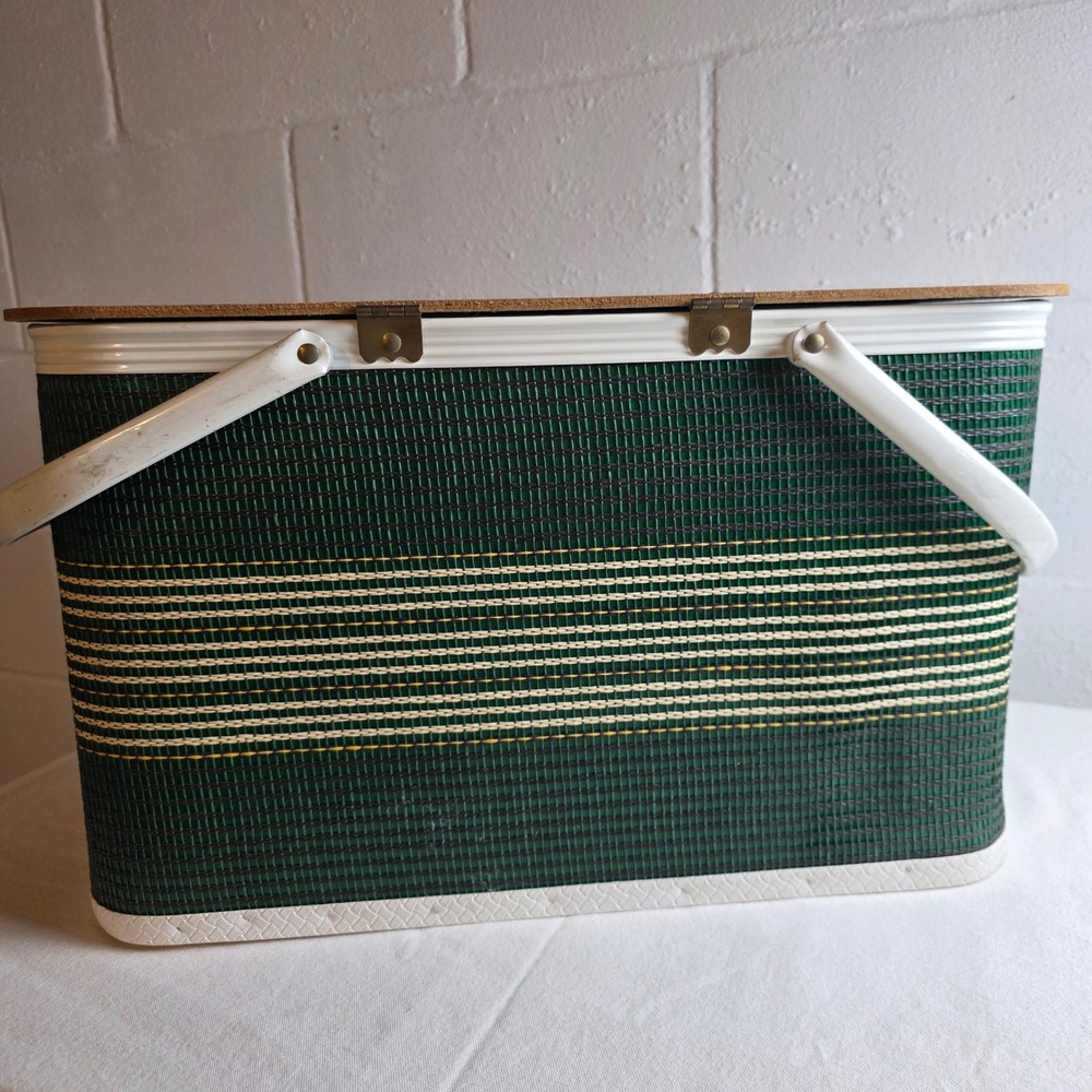 Vintage Redmon Woven Vinyl Picnic Basket Green Striped Retro MCM - Picture 9 of 15